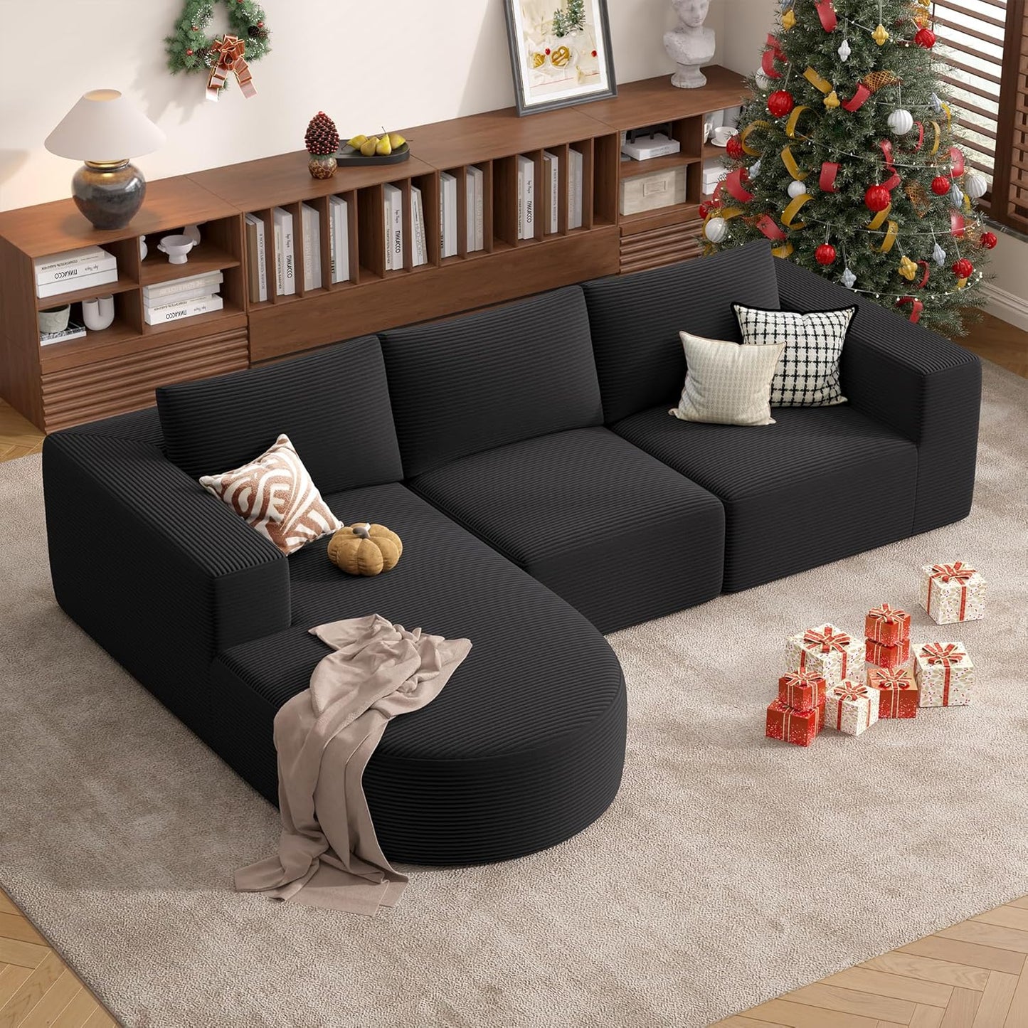 Modular Sectional Sofa with L-Shape Chaise,Cloud Sectional Modern Sleeper Couch with Deep Seat,Sponge Compression Sofas No Assembly Required (Black-Corduroy Fabric) 1pcs