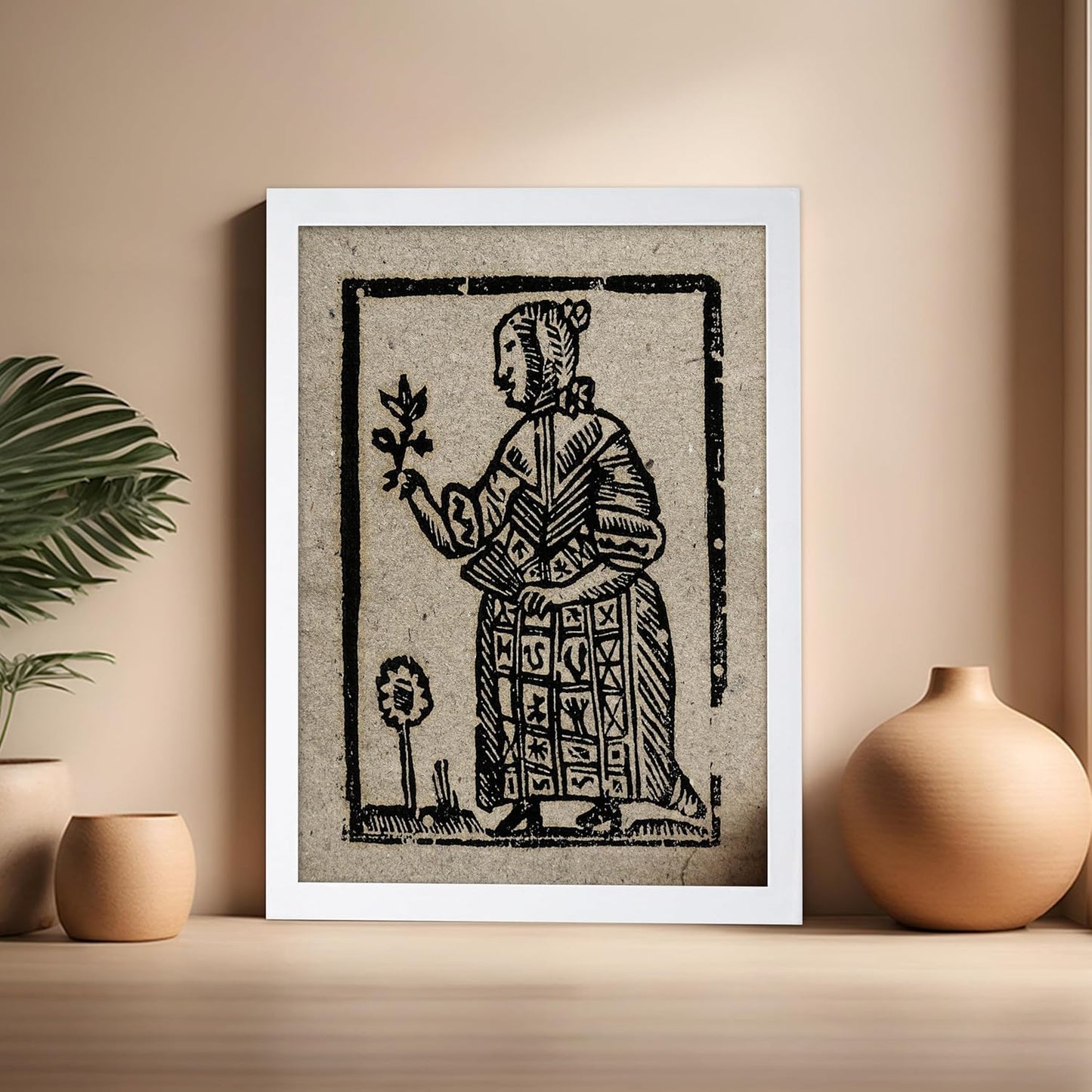 Poster Master Vintage Woodcut Poster - Retro Medieval Print - Gift for Gothic, Horror Fan - Witch Holding a Plant, Magic, Spell, Herbalist - Wall Decor for Bedroom, Dorm, 16x20 White Framed