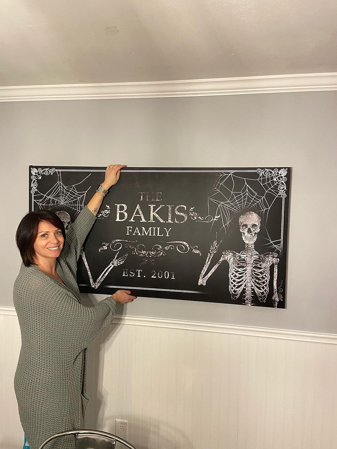 Tailored Canvases Gothic Family Wall Decor - Personalized Grunge Vintage Skeleton Room Decor for Home, Halloween Lovers, Men & Women for Bedroom, Living Room - Custom Couple Name, White Print, 48"x16"