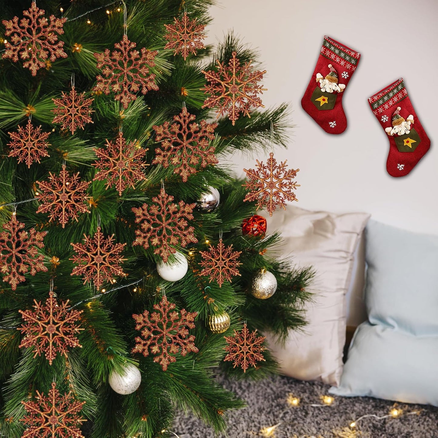 36pcs Snowflakes-Christmas Tree Decorations, Snowflake Ornaments for Tree, Plastic Glitter Red Gold Snow Flakes Ornaments, Christmas Indoor Winter Wonderland Frozen Birthday Party Holiday Home Decor