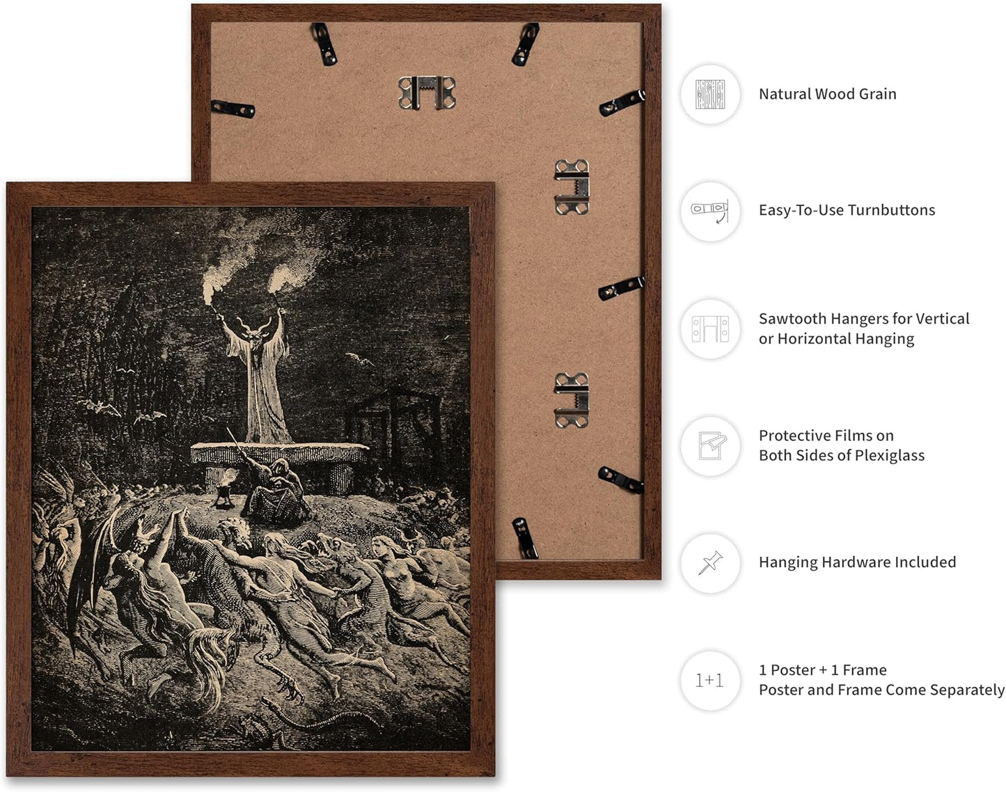 Poster Master Vintage Gustave Dore Poster - Retro Illustration Print - Gift for Gothic, Horror Fan - Dance of Sabbath, Witch, Magic, Spell - Wall Decor for Bedroom, Dorm, 11x14 Brown Framed