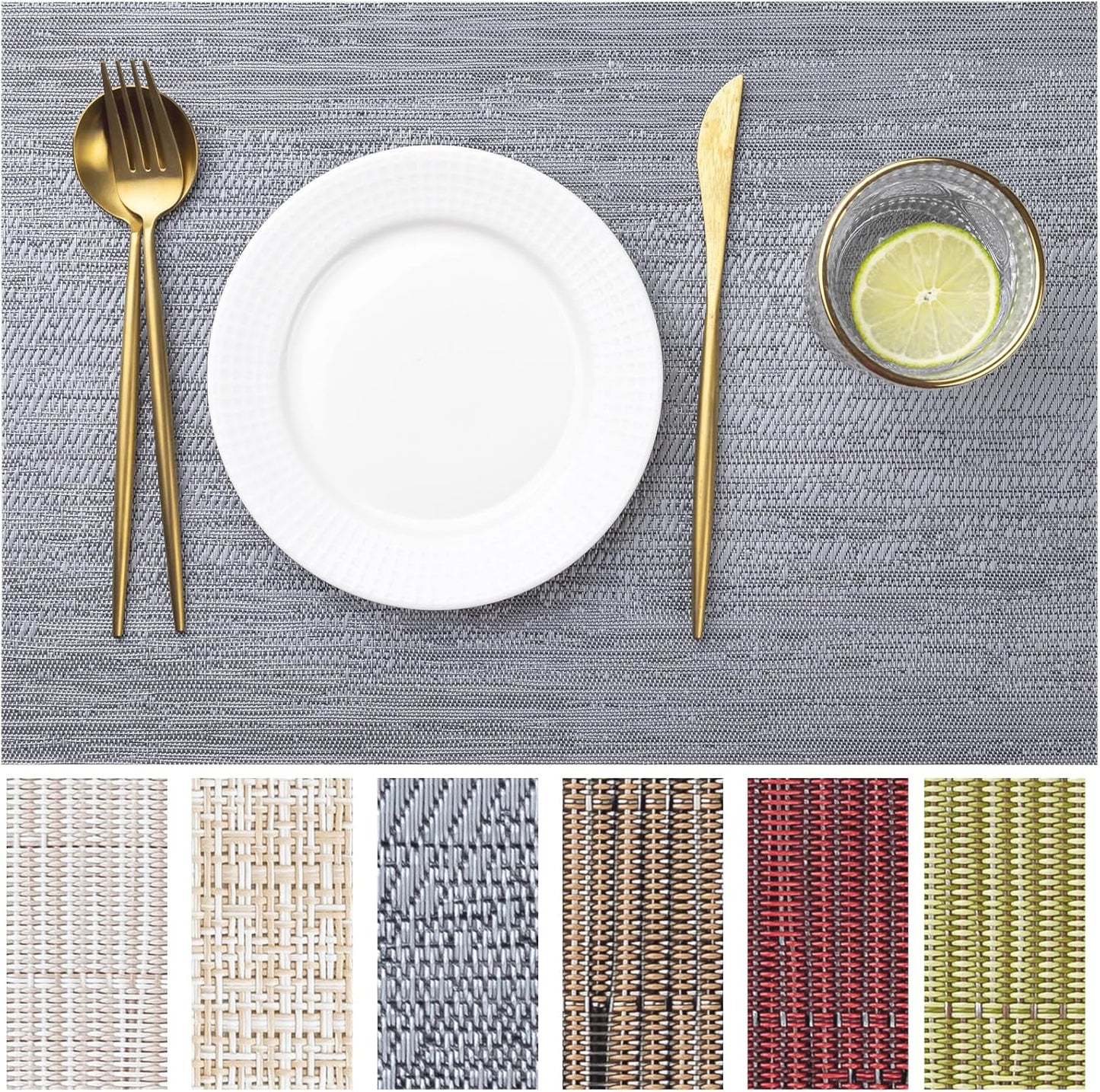 LEXMORE Placemats Set of 12 Vinyl/Plastic Woven Place Mats for Kitchen Table Indoor/Outdoor Washable Placemat Wipeable Dining Table Mats(Ombre Gray)