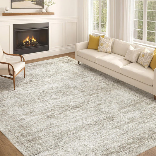 Washable Area Rugs for Living Room -10x13 Neutral Vintage Distressed Floral Farmhouse Boho Large Soft Floor Rug Indoor Non Slip Carpet for Living Room Bedroom Dining Room Office-Beige