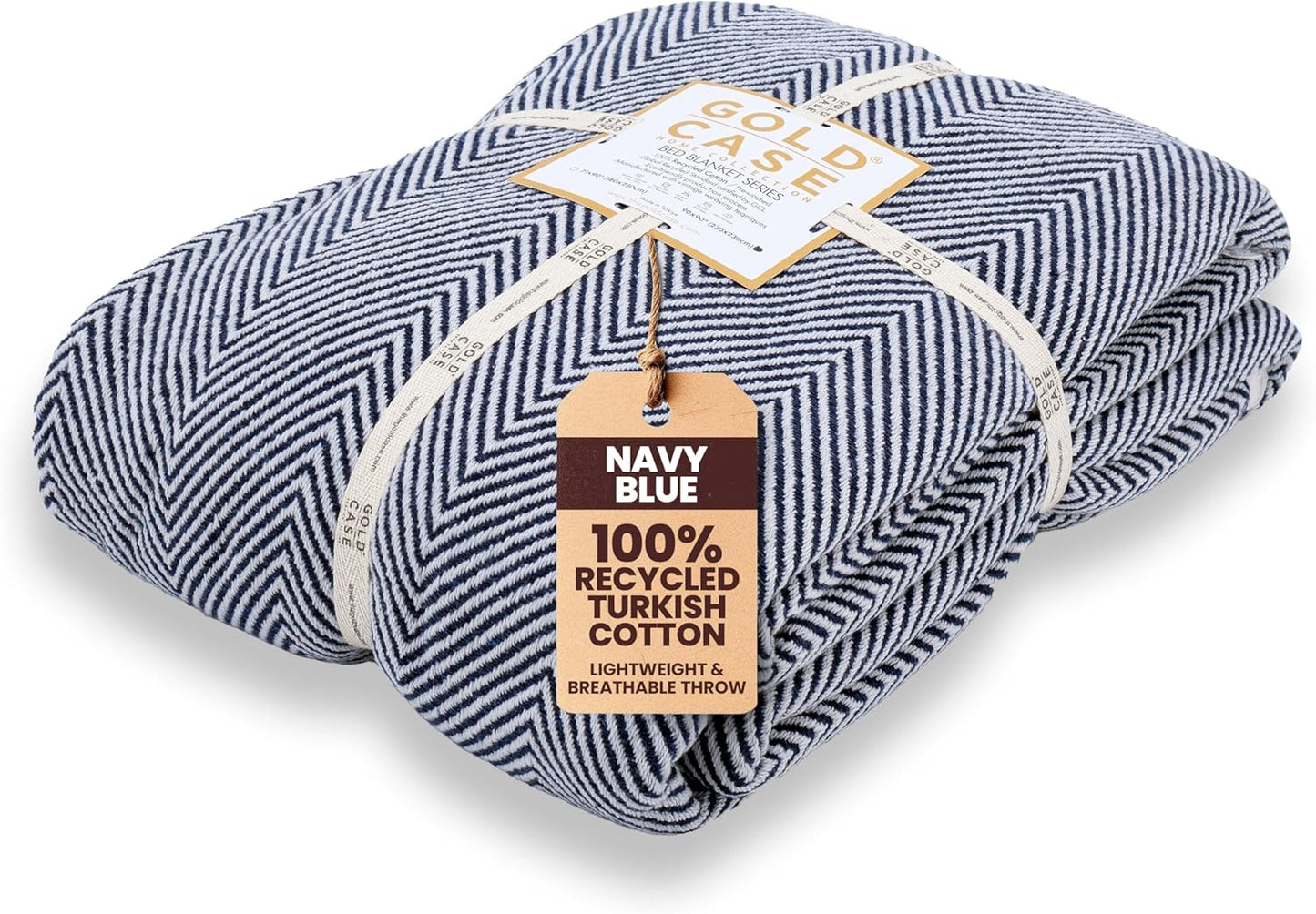 Gold Case Throw Blanket for Bed – 100% Recycled Turkish Cotton Bed Blanket – Decorative Throw Cotton Blankets for Living Room & Bedroom – Elegant Navy Blue Woven Queen Blankets – 90x90