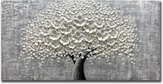Yika Art - 24x48 Inch 3D White Flower Painting Abstract Textured Knife Platte Acrylic on Canvas 3D Flowers Tree Painting Ready to Hang