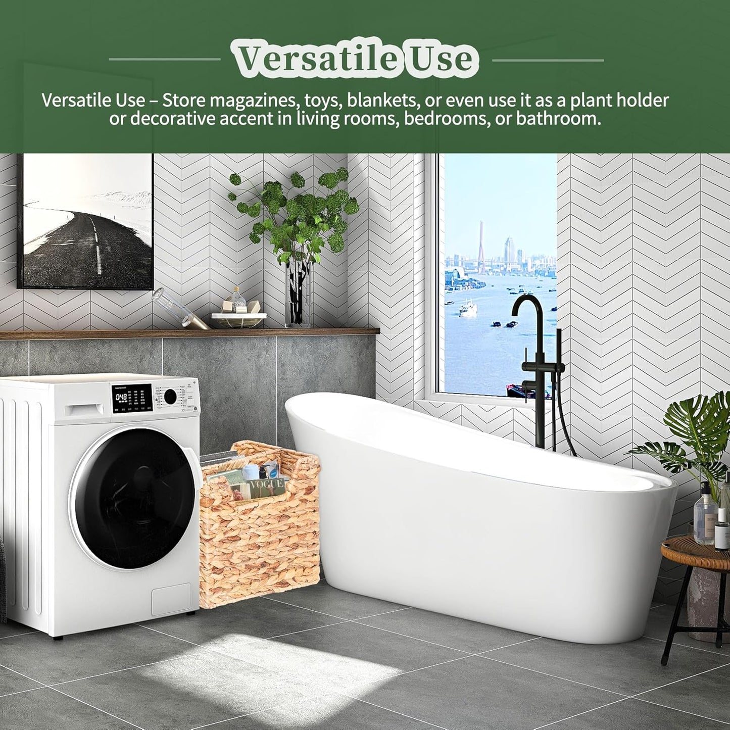 Magazines Holder - Wicker Magazine Rack, Handwoven Magazine Holders for Bathroom, Magazine Organizer for Books, Newspaper, Water Hyacinth Magazine Basket, 14.2 x 11.4 x 6.7 inch