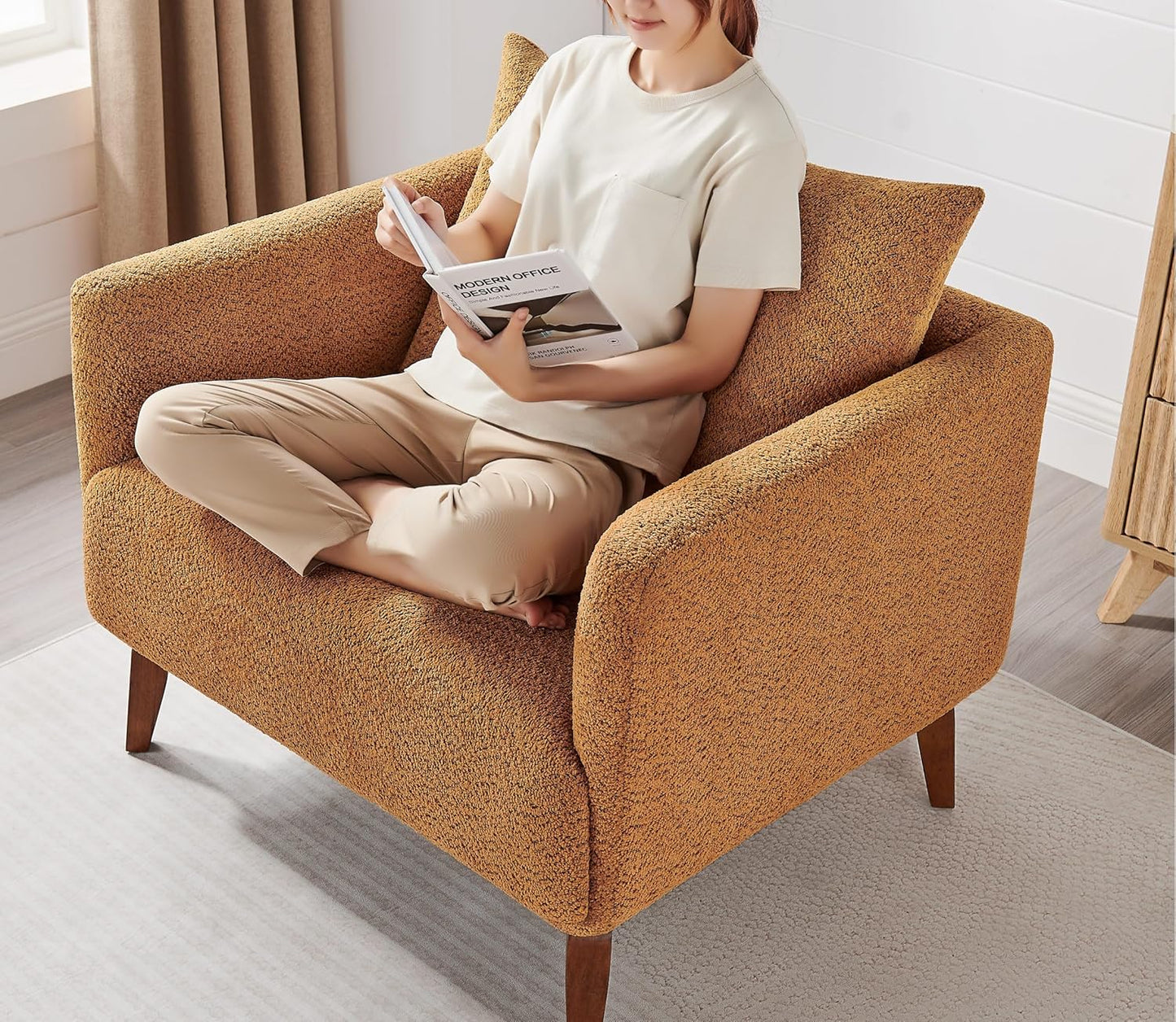 Oversized Accent Chair Modern Boucle Armchair for Living Room Sets of 2 - 37" Wide & Cozy Reading Accent Chair with Solid Wood Legs, Curry Upholstered Lounge Chair for Bedroom & Office (Easy Assembly)