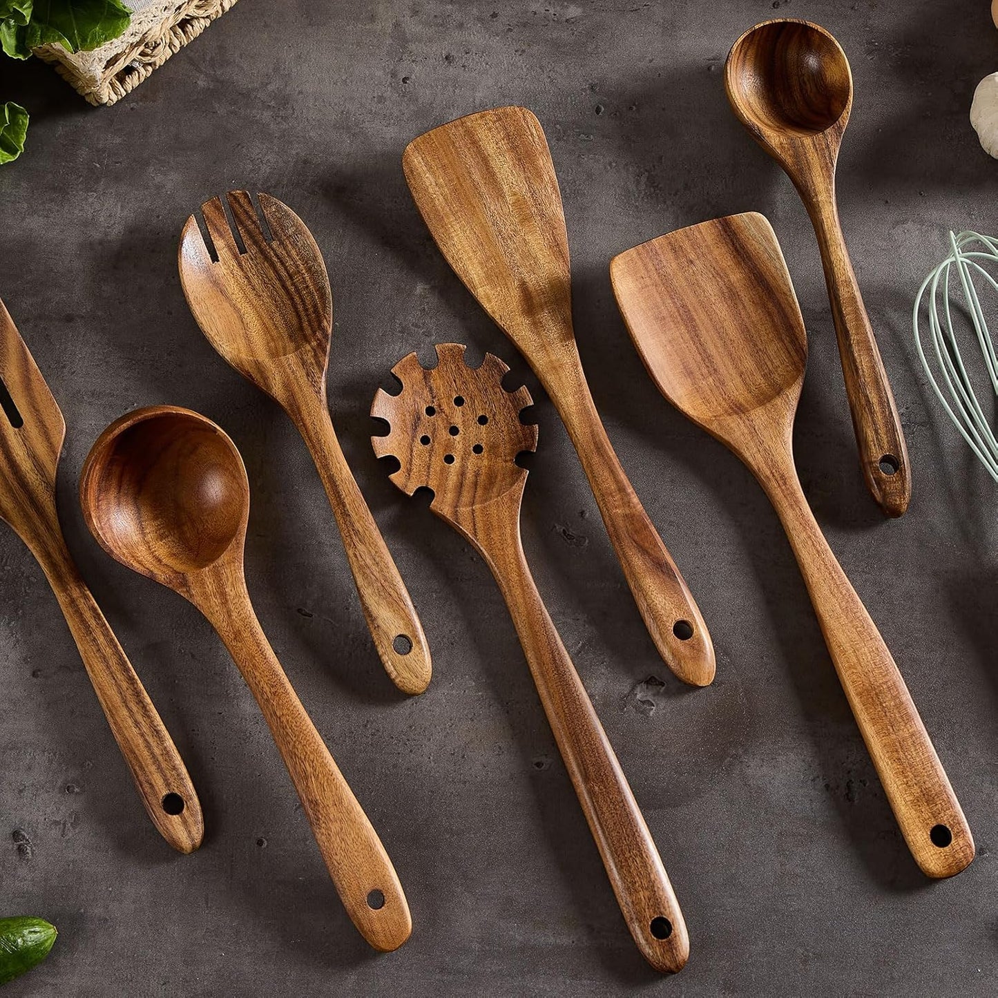Wooden Kitchen Utensils Set, Teak Wood Cooking Spoons for Non-Stick Pans, 8 Pieces