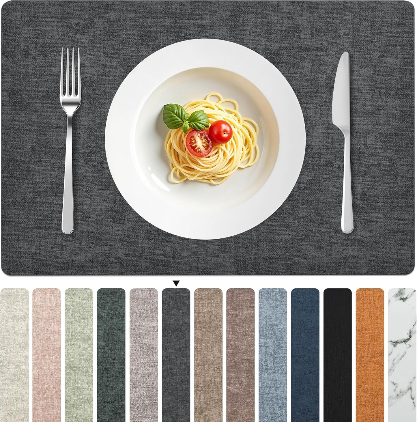 FROMHEART Faux Leather Placemats Set of 12–Waterproof,Heat/Oil Stain-Resistant PU Table Mat–Reversible,Non-Slip,Easy to Clean Place Mats for Kitchen,Dining,Indoor/Outdoor,(Dark Grey,11.8" x 17")