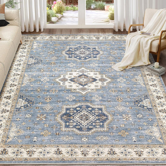 Washable Area Rugs for Living Room -9x12 Neutral Vintage Distressed Floral Farmhouse Boho Large Soft Floor Rug Indoor Non Slip Carpet for Living Room Bedroom Dining Room Office - Blue