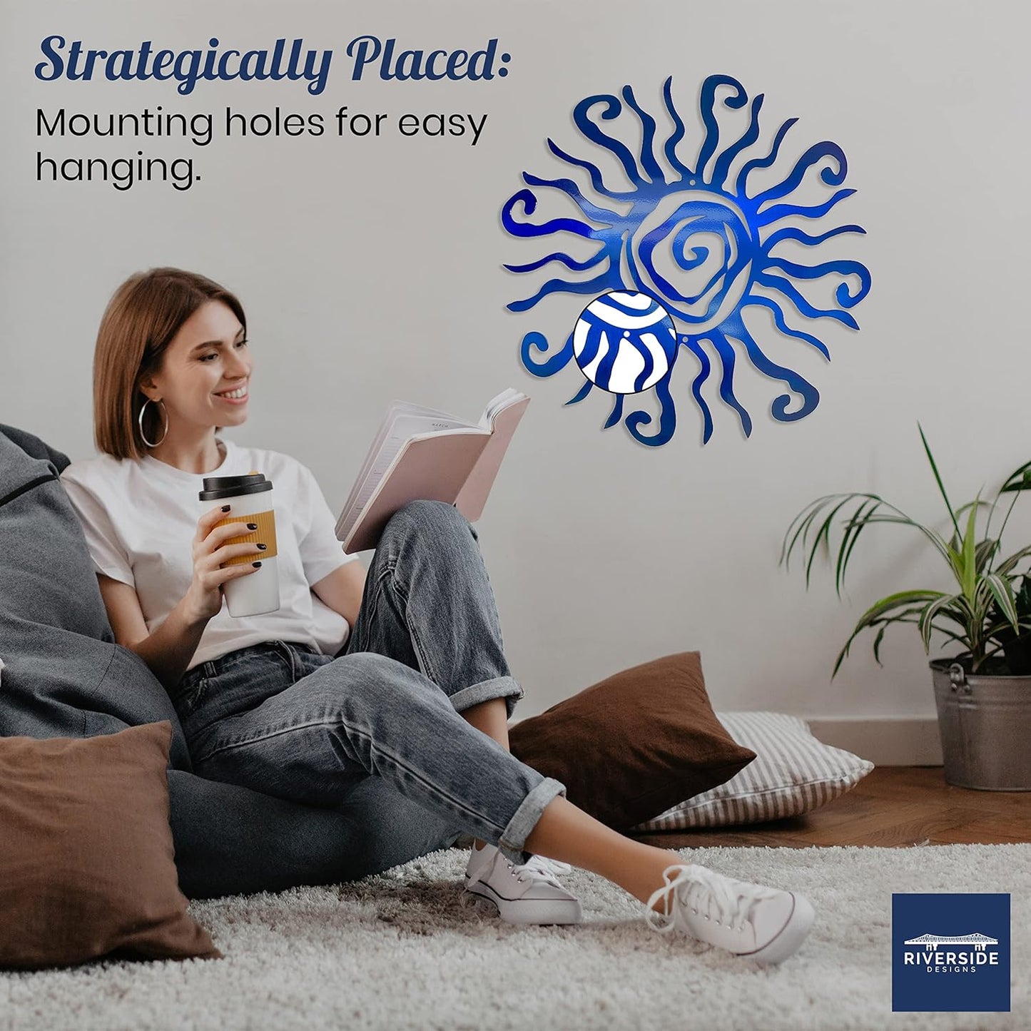 Riverside Designs Wacky Sun Metal Wall Art Indoor/Outdoor Decor - 36" Blue Rust Proof Wall Sculpture - Made in USA - Ideal for Bedroom, Garden, Home, Patio and Farmhouse