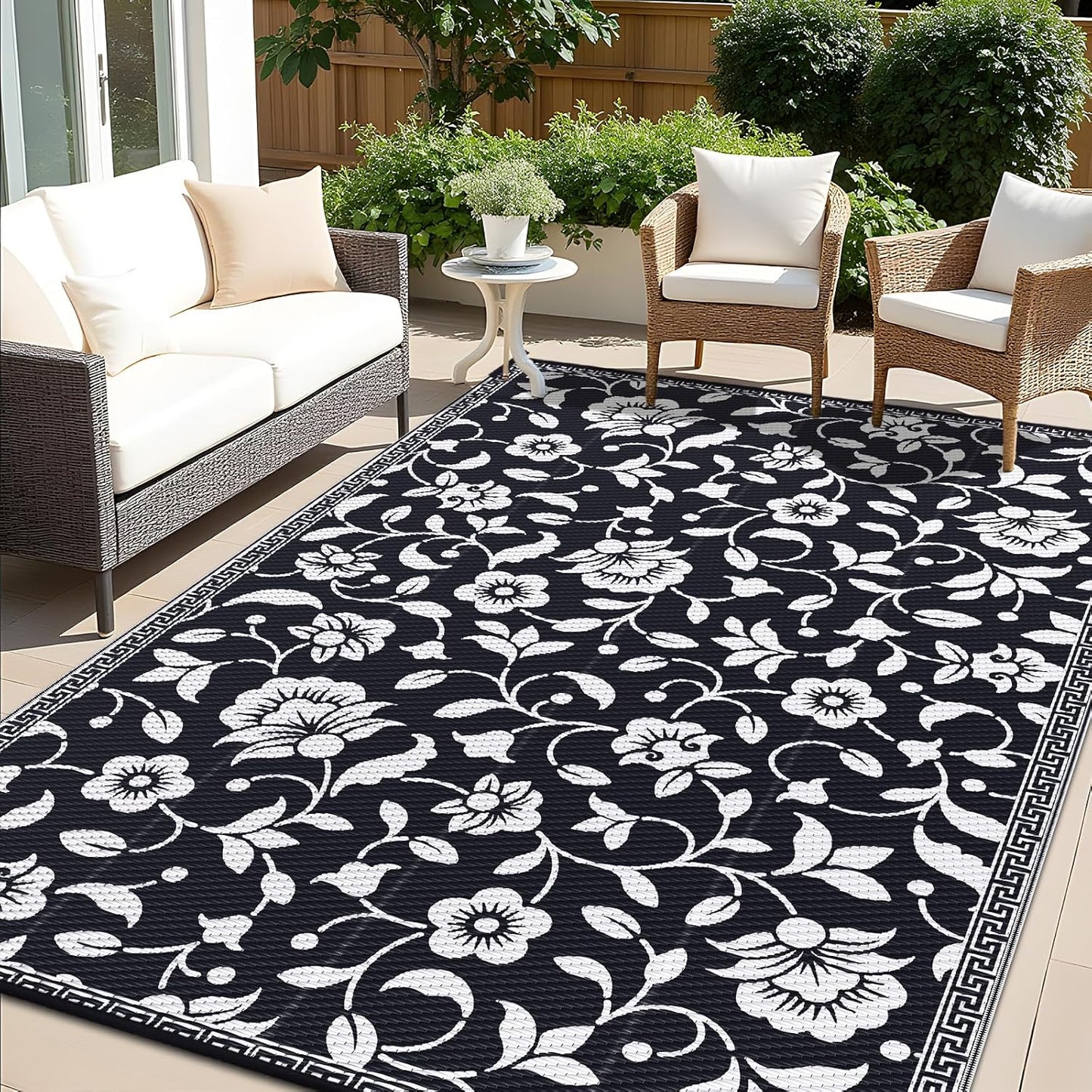 OLANLY Waterproof Outdoor Rug 8x10 ft, Outdoor Plastic Straw Rug with Flower Pattern, Reversible RV Mat for Patio, Camping, Balcony, Deck, Backyard, Black & White
