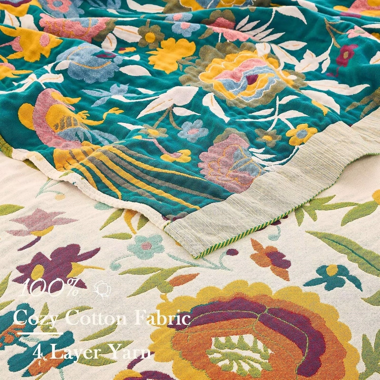 Boho Throw Blanket for Bed, 100% Cotton Soft Rustic Quilt Fall Blanket, 90"x98" Floral Printed Farmhouse Decor Bed Blankets, All Season Rustic Reversible Bohemian Throw Quilt