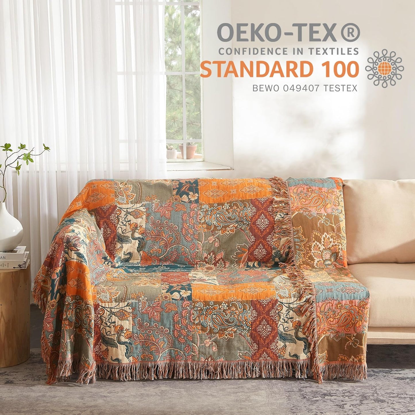 Boho Throw Blanket for Bed 90”x98”, 100% Cotton Woven Blanket for Couch Sofa, Ultra Soft 4-Layer Muslin Quilt with Patchwork Floral Printed, Farmhouse Bed Blanket/Cover for Living Room Decor