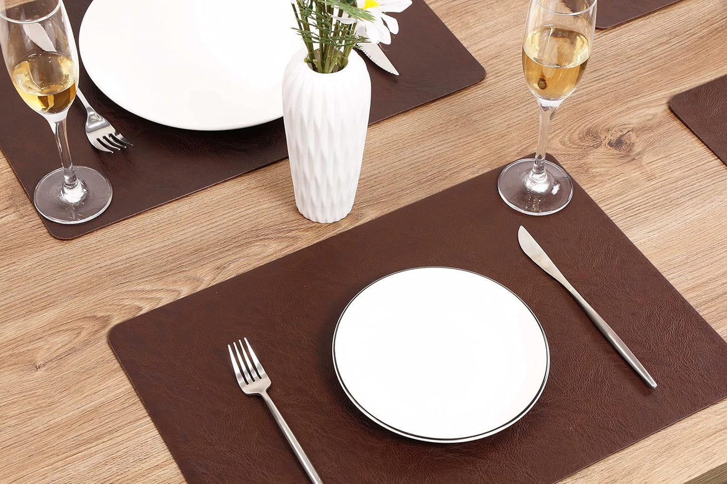 Set of 6 Faux Leather Placemats, PU Table Mats, Waterproof, Stain Resistant, Heat Resistant, Non-Slip Easy to Clean for Kitchen Dining Table,Conference Table F Dark Brown