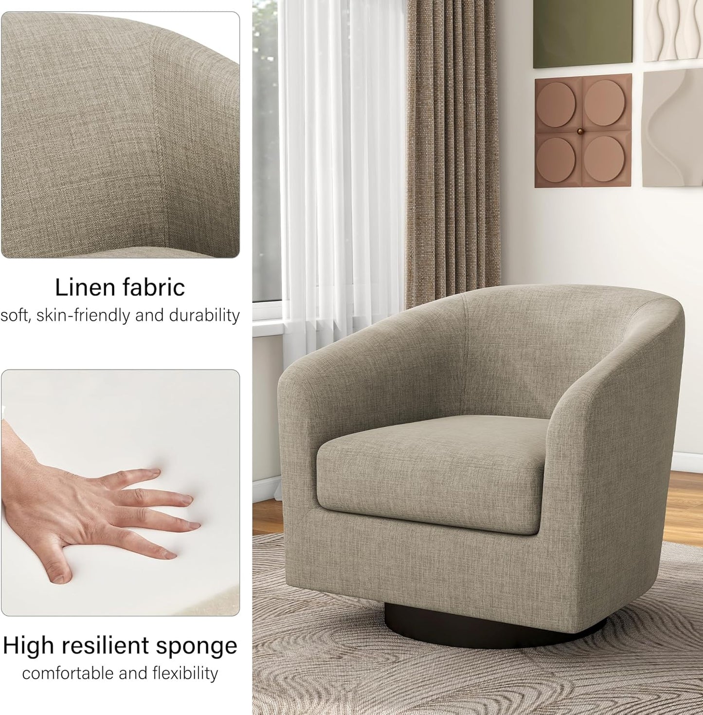 Swivel Barrel Accent Chair, Modern Round Linen Arm Chair for Living Room, Bedroom, Comfy Club Reading Chairs for Adults, Linen Fabric, Light Brown, Set of 2