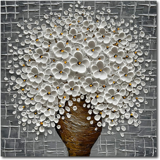 Epicler Hand-Painted 3D Abstract Modern Oil Painting Wall Art,24x24 Inch White Flower Painting, Flower Wall Art Painting,Living Room Bedroom Wall Decoration Oil Painting Ready to Hang