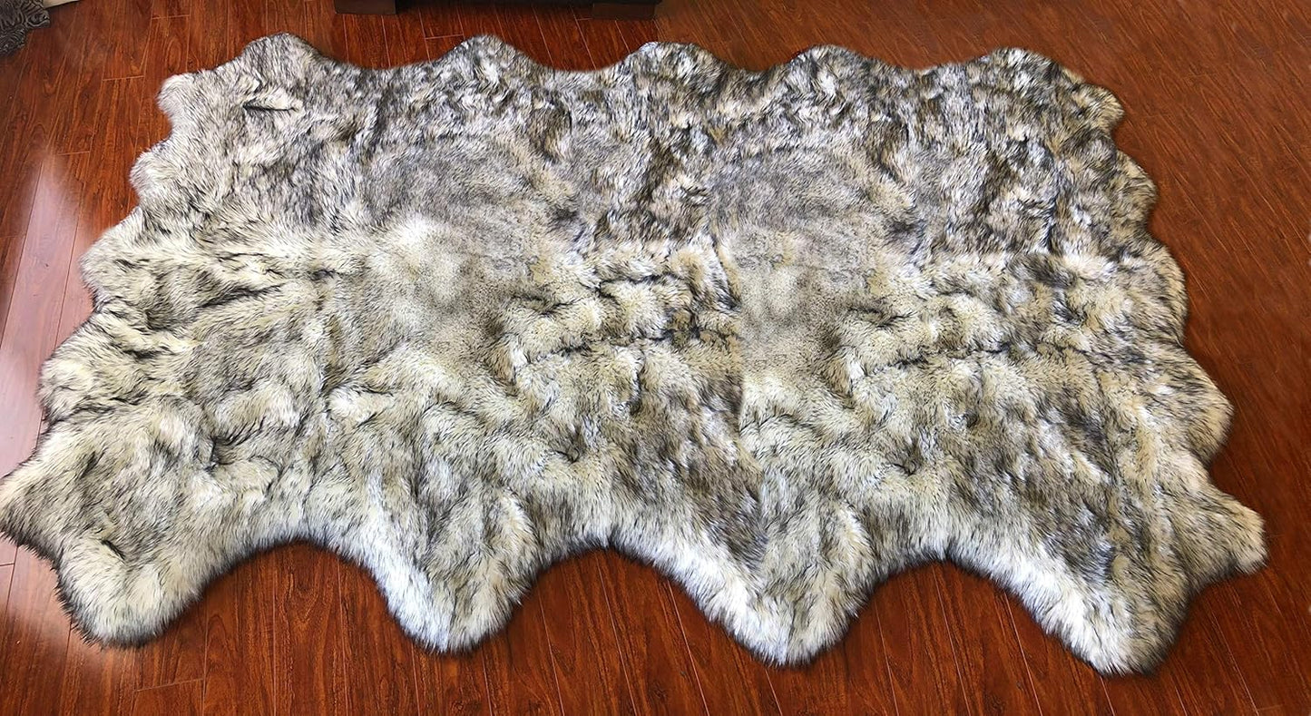 LAMBZY Faux Sheepskin Hypoallergenic Free Shape Silky Shag Rug, Luxury Shaggy Plush Carpet for Bedrooms Living Rooms Sofa Floor Rugs (Octo 8 Pelts 6'x8', White with Black Tips)