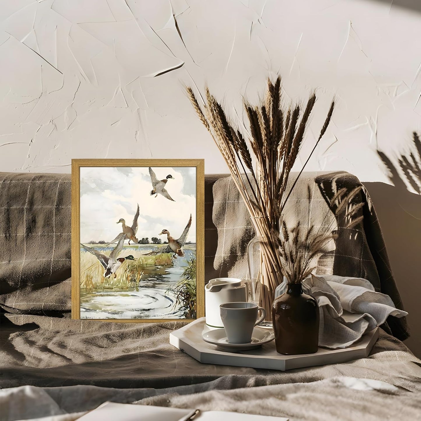 Framed Vintage Duck Wall Art Print, Rustic Mallard Watercolor Canvas Poster Wall Decor, Country Wildlife Bird Illustration for Farmhouse Living Room Kitchen Bedroom Decor 8x10 Inch