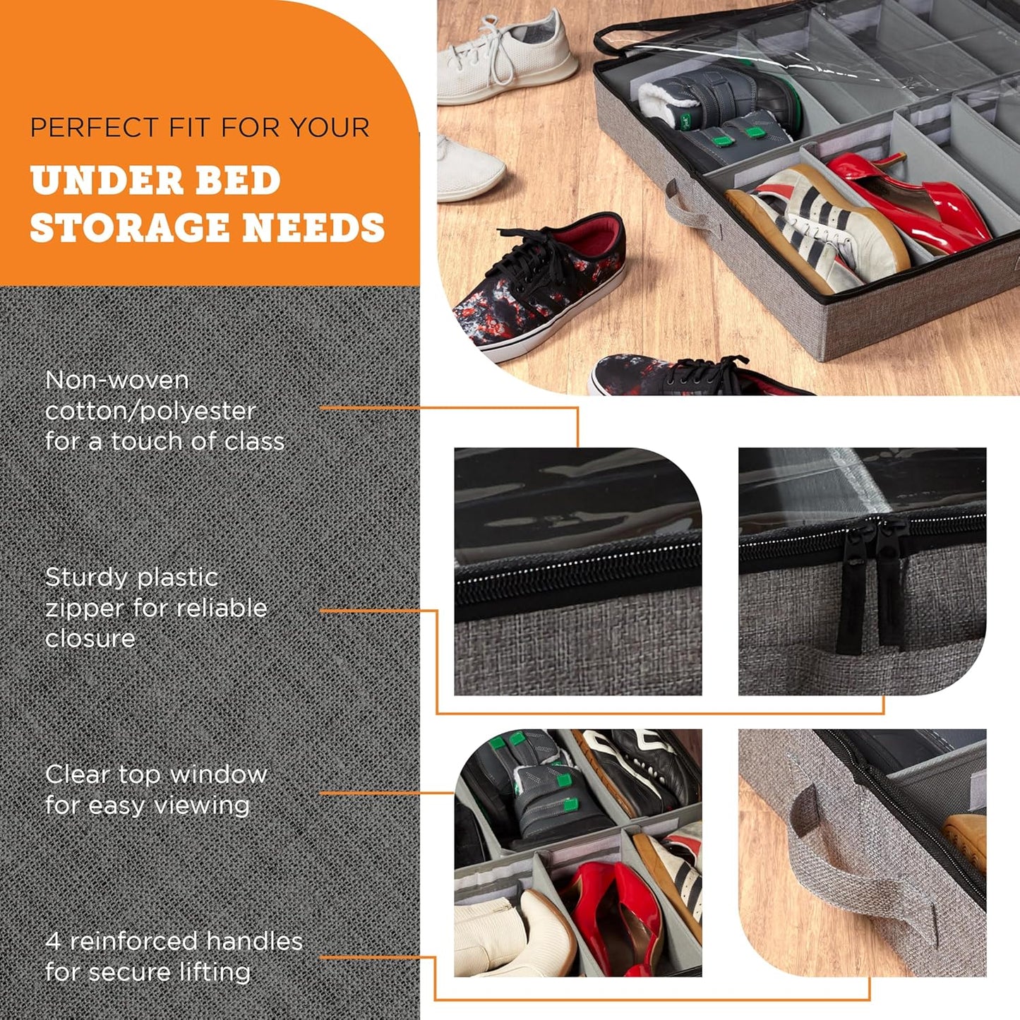 storageLAB Slim Under Bed Storage Containers, Closet Organizers with Sturdy Handles for Clothes, Comforters, and Accessories, Use Under or at the End of the Bed - 2 Pack, Dark Grey