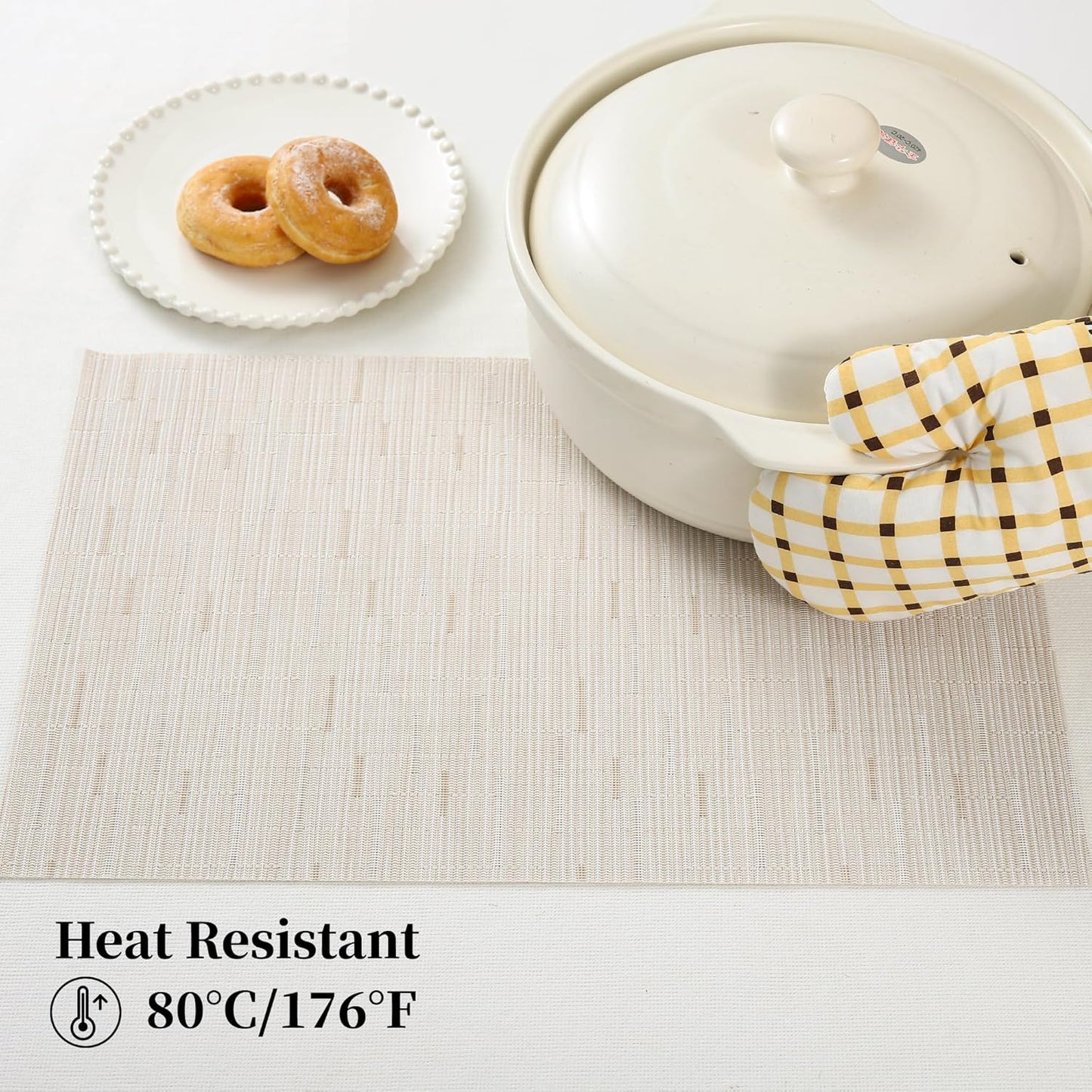 Leetaltree Pale Beige Placemats Set of 8 - Heat Resistant Non-Slip Place mats for Dining Table, Washable Durable PVC Vinyl Woven Table Mats（Pale Beige, 8）