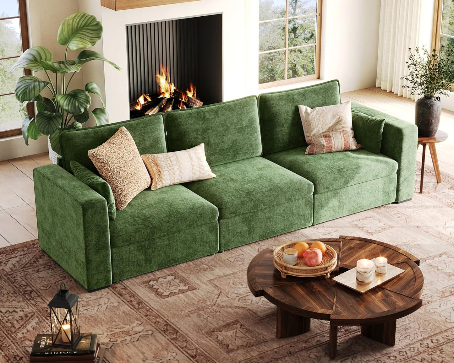 Oversized Modular Sofa Comfy Cloud Couch with Storage, Extra Deep Plush Sectional Sofa Set for Living Room, Covers Washable, Chenille, Olar (Green, 3-Seater, Basic Shape)