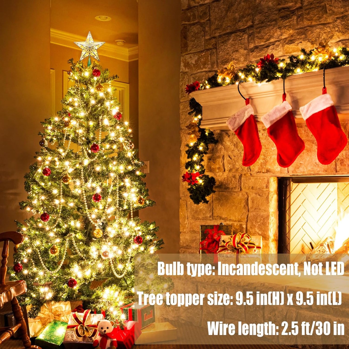 ODEETRONIC Star Christmas Tree Topper, 9.5in UL Certified 3D Star Tree Topper Lights, Double Sided Christmas Tree-top with 10 Count Incandescent Warm White Lights for Xmas Tree New Year Home, Silver