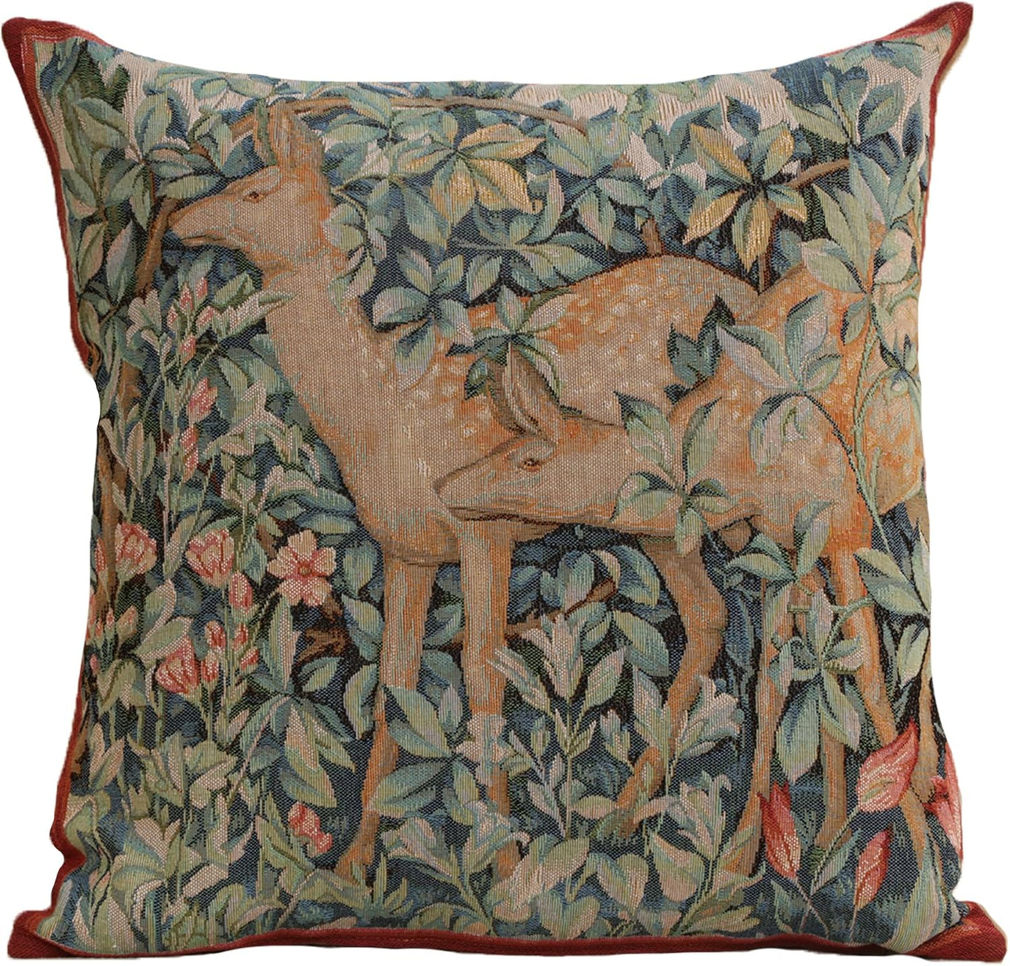 Charlotte Home Furnishings Decorative Tapestry Pillow Cover 19x19 in, Green Does Couch Throw Pillow Cover, French Country Square Cushion Cases for Living Room Home Decor, Soft Cotton Jacquard Woven