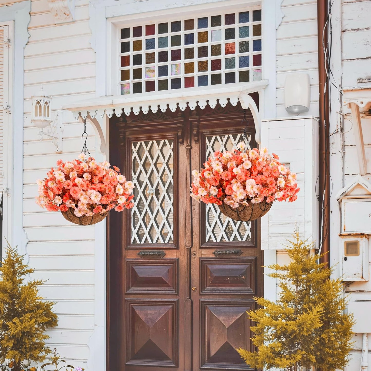 Artificial Fall Flowers Fake Hanging Plants Flowers Basket for Outdoors Autumn Decoration, Silk Morning Glory with Eucalyptus Look Real UV Resistant Faux Flowers for Outside Porch Patio Balcony, Mix