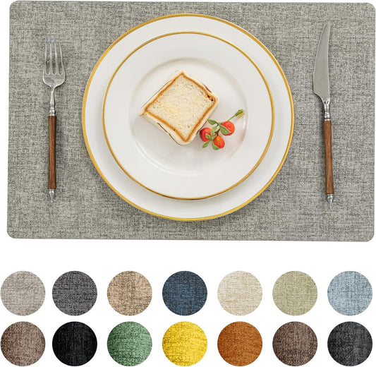 Romanstile Vinyl Placemats Set of 6-12 X 18 Inch - Heat Resistant Place Mats 100% Waterproof Oilproof Wipeable Reversible Faux Leather Table Mats for Kitchen/Dining/Party/Outdoor, Light Grey