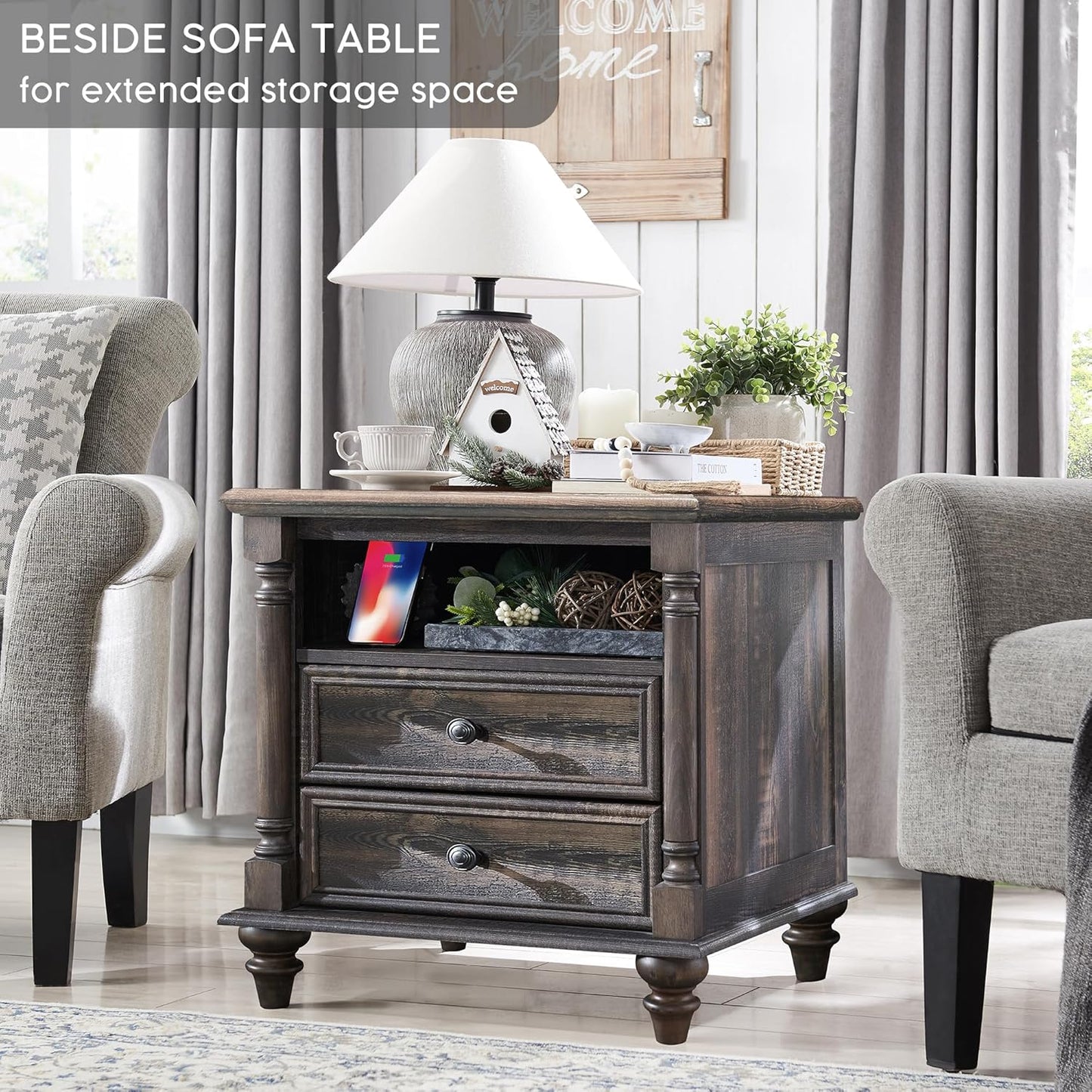 T4TREAM 24'' Farmhouse End Table w/4 Solid Wood Feet, Large 2 Drawers Wide Sofa Side Table with Charging Station, Tall Rustic Wood Square Nightstand for Living Room, Bedroom, Office, Dark Rustic Oak