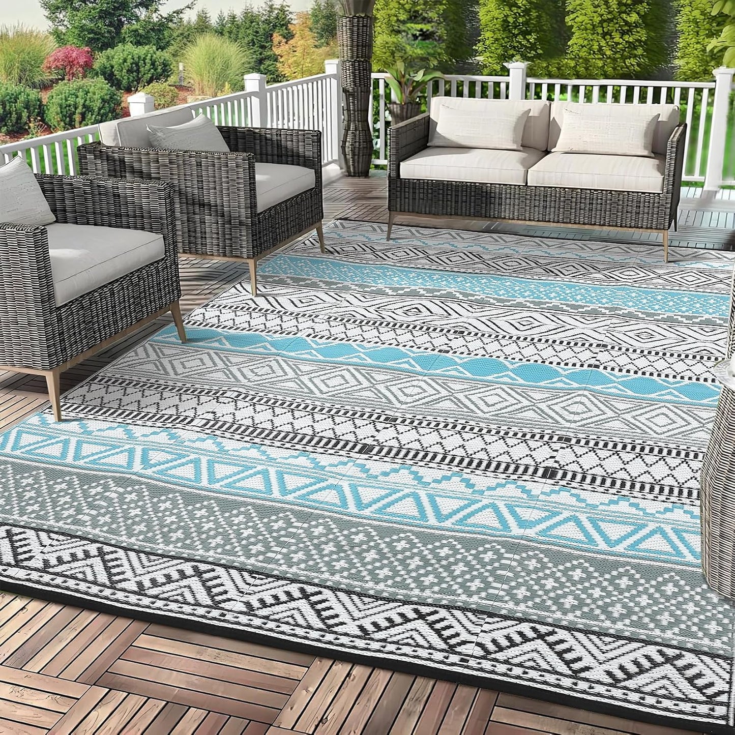 GAOMON Outdoor Plastic Straw Rug, 10'x20' Reversible Sage Green Patio Mat, Flower Modern Design for RV, Backyard, Deck, Camping, Picnic, Blue/Grey(Bohemia)