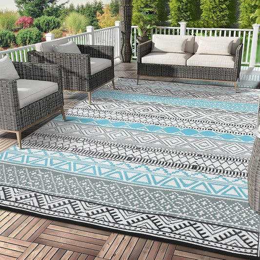 GAOMON Outdoor Plastic Straw Rug, 10'x20' Reversible Sage Green Patio Mat, Flower Modern Design for RV, Backyard, Deck, Camping, Picnic, Blue/Grey(Bohemia)