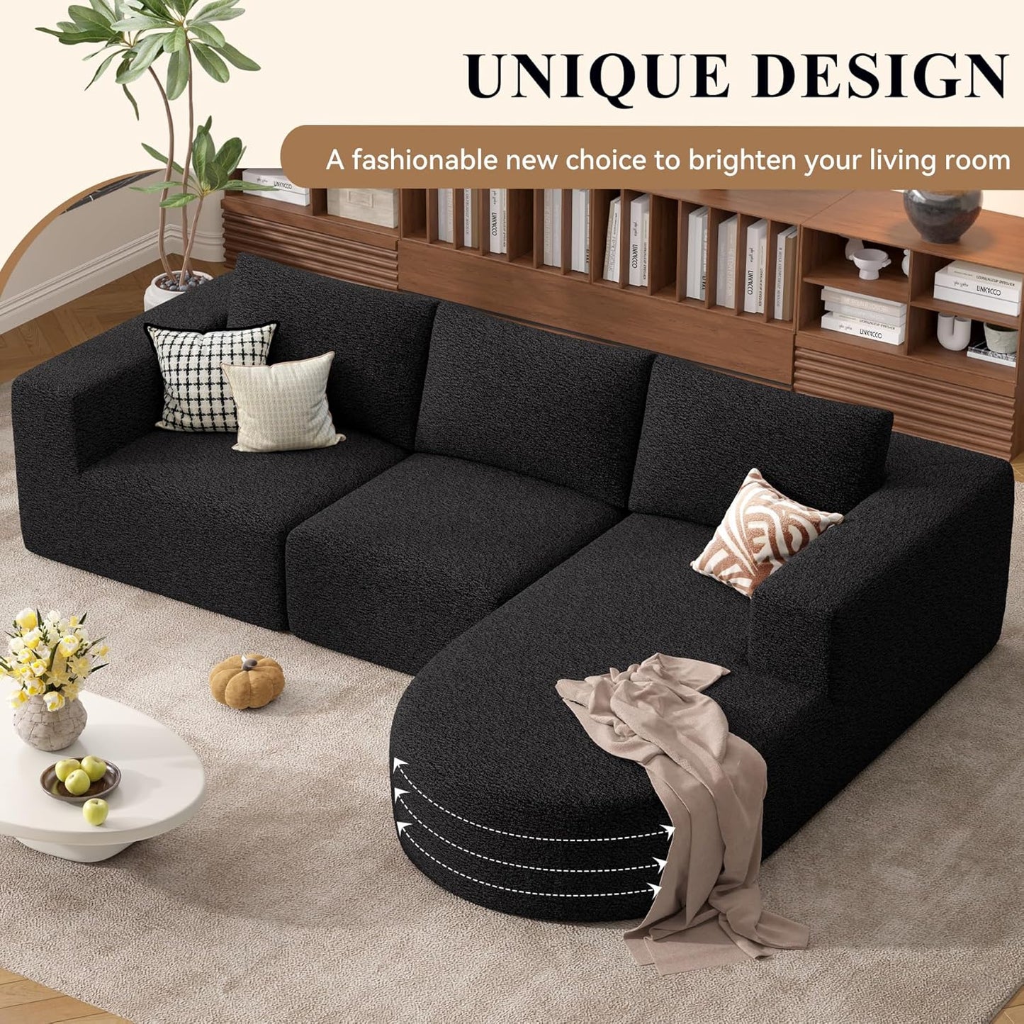 Modular Sectional Sofa with L-Shape Chaise,Cloud Sectional Modern Sleeper Couch with Deep Seat,Sponge Compression Sofas No Assembly Required(Black-Sherpa Fabric) 1PCS