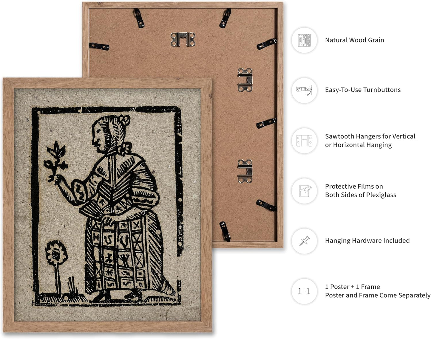 Poster Master Vintage Woodcut Poster - Retro Medieval Print - Gift for Gothic, Horror Fan - Witch Holding a Plant, Magic, Spell, Herbalist - Wall Decor for Bedroom, Dorm, 8x10 Beige Framed