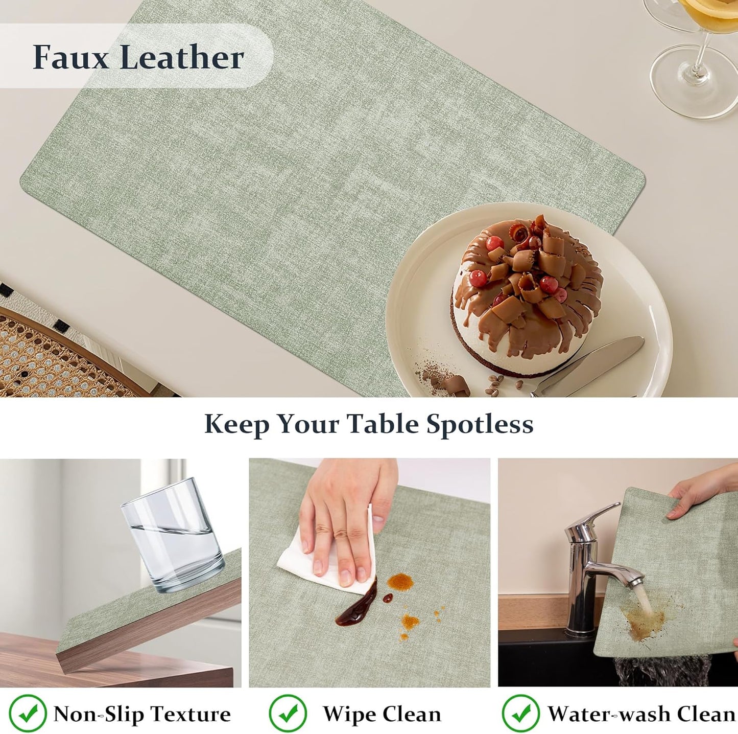 FROMHEART Faux Leather Placemats Set of 12–Waterproof,Heat/Oil Stain-Resistant PU Table Mat–Reversible,Non-Slip,Easy to Clean Place Mats for Kitchen,Dining,Indoor/Outdoor,(Light Green,11.8" x 17")