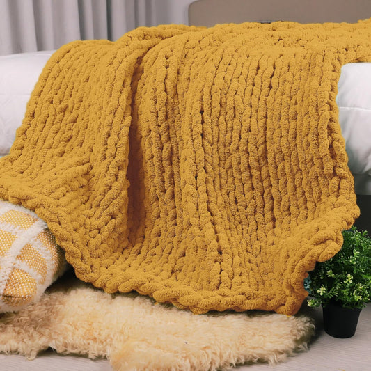 Carriediosa Chunky Knit Throw Blanket 50" X 60", 100% Hand Made Large Chenille Loop Yarn Soft Fluffy Throws for Couch Sofa Bed, Big Crochet Cozy Heavy Thick Cable Woven Blanket, Yellow