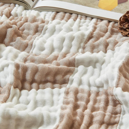 EMME Checkered Cotton Blanket Twin Large 60"x80" 100% Muslin for Couch Breathable Cooling Gauze All Season Soft and Lightweight Pre-Washed (Light Tan)