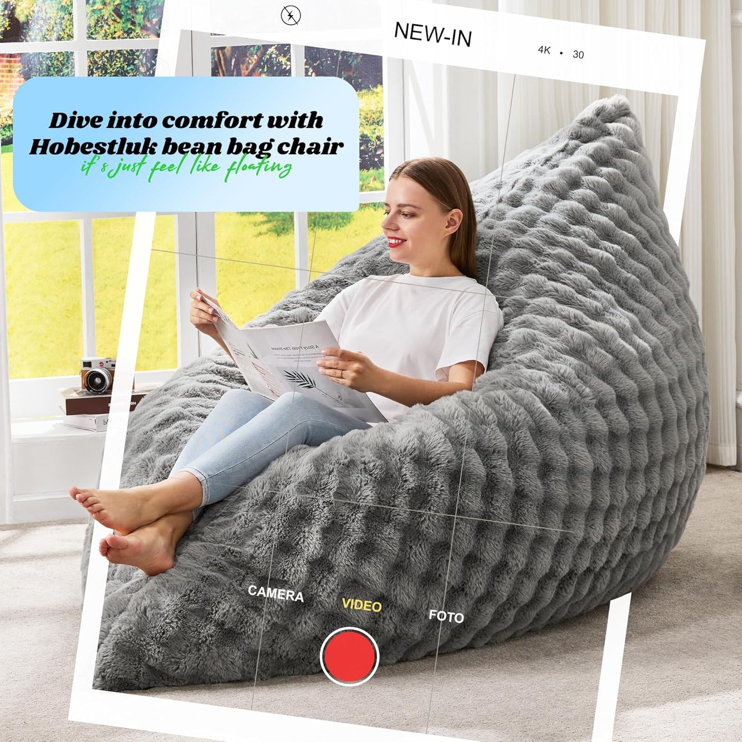 Hobestluk 3 in 1 Bean Bag Chair Giant Bean Bag Chairs for Adults with Bubble Cover Convertible Bean Bag Floor Cushion with Machine Washable Cover for Living Room (Bubble Grey)