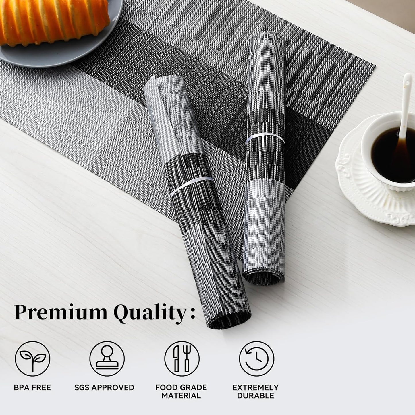 Leetaltree Grey with White Striped Placemats Set of 4 - Heat Resistant Non-Slip Place mats for Dining Table, Washable Durable PVC Vinyl Woven Table Mats（Grey Stripe, 4）