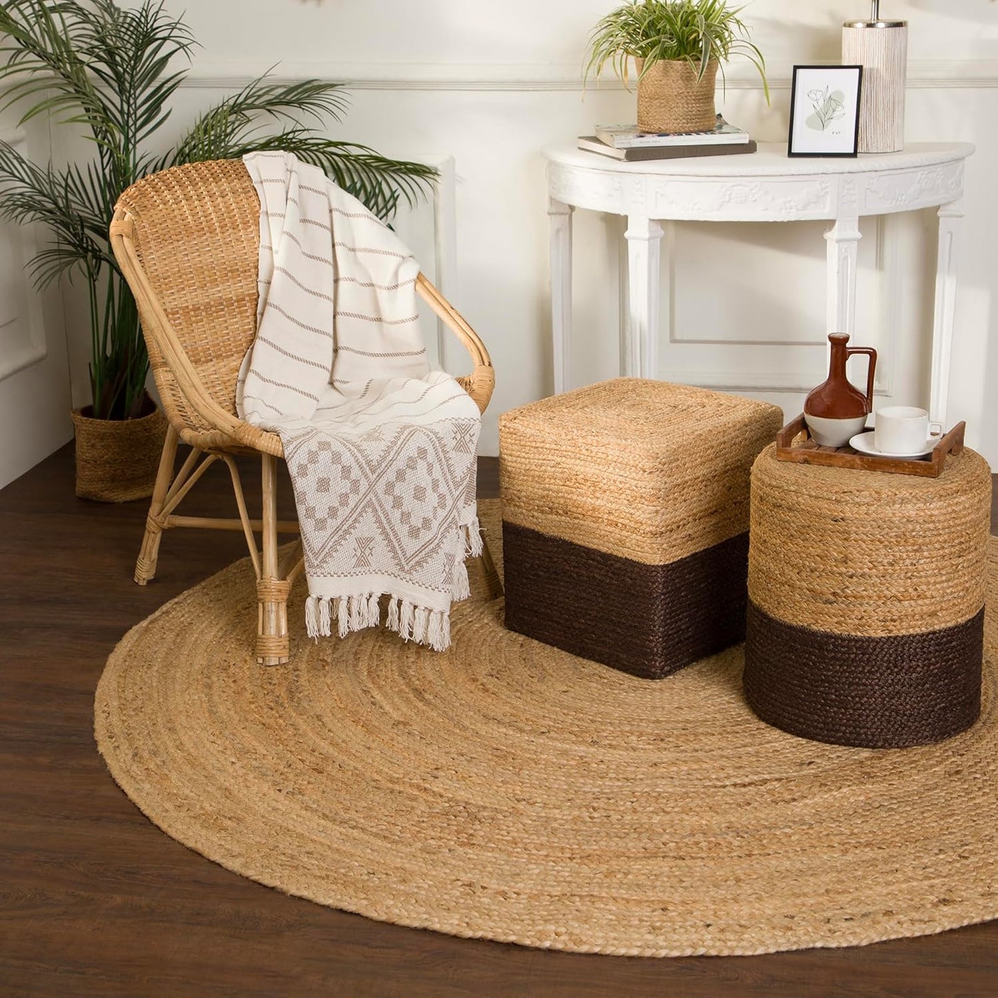 REDEARTH · Cylindrical Pouf Foot Stool Ottoman - Jute Braided Pouffe Poof Accent Sitting Footrest for The Living Room, Bedroom, Nursery, Patio, Lounge - Set of 2 (14.5”x14.5”x16”; Natural Acorn)