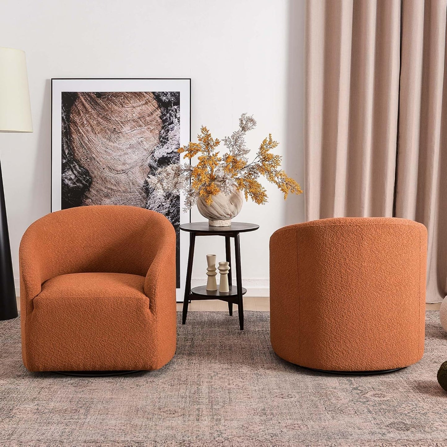 KINWELL 32" Wide Swivel Barrel Chairs Set of 2, Boucle Upholstered Swivel Accent Chairs, Mid-Century 360 Degree Swivel Chairs, No Assembly Round Armchairs for Living Room, Bedroom (Caramel)