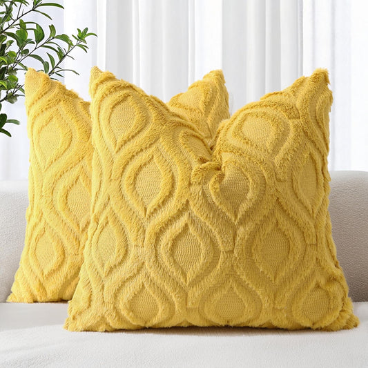 decorUhome Throw Pillow Covers 20x20 Inch Set of 2, Soft Plush Decorative Faux Fur Mustard Yellow Solid Couch Pillow Covers, Accent Farmhouse Neutral Square Euro Pillow Cases for Sofa Bed Living Room