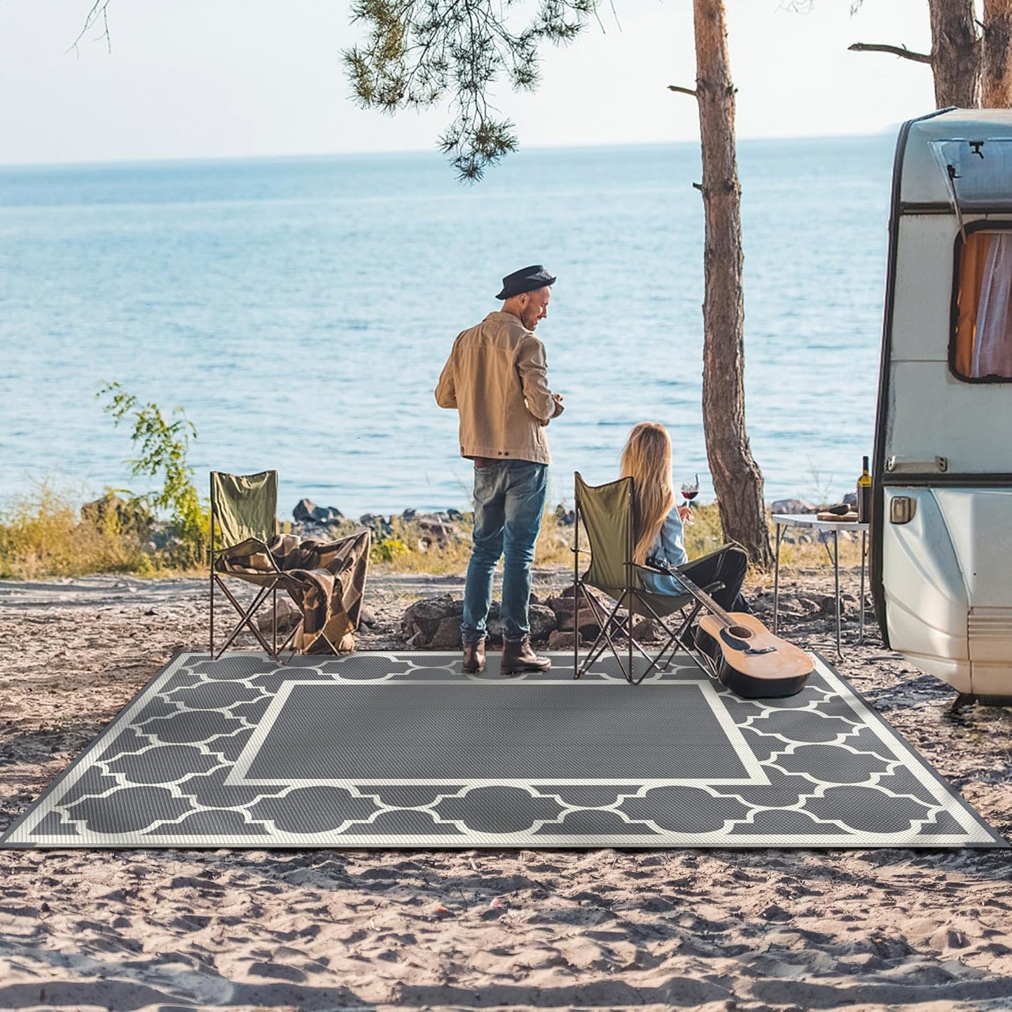 GENIMO 6' x 9' Outdoor Rug Waterproof for Patio Decor, Foldable Reversible Plastic Straw Area Rugs Mat for Camper, Outside Carpet for Rv, Deck, Porch, Picnic, Beach, Balcony, Grey & Beige White