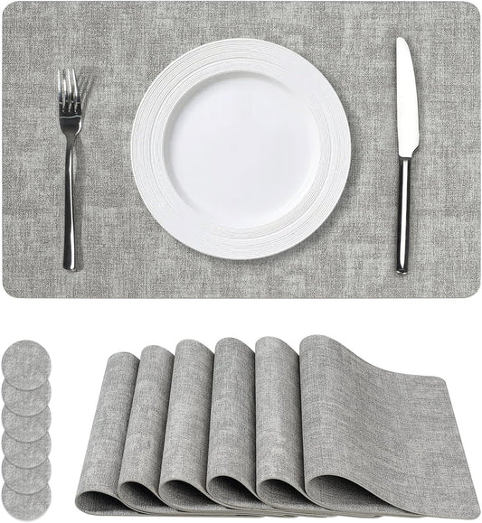 Vinyl Placemats Set of 6, Faux Leather Waterproof and Heat Resistant Place Mats, Washable Anti-Slip Table Mats with Coaster, Wipeable Placemats for Indoor & Outdoor 17" x 12" (Light Grey, Set of 6)