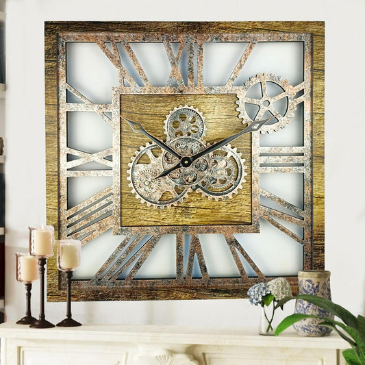 The Gears Clock 24'' Inch Square Real Moving Gear Wall Clock Vintage Industrial Oversized Rustic Farmhouse (Gold Antique)