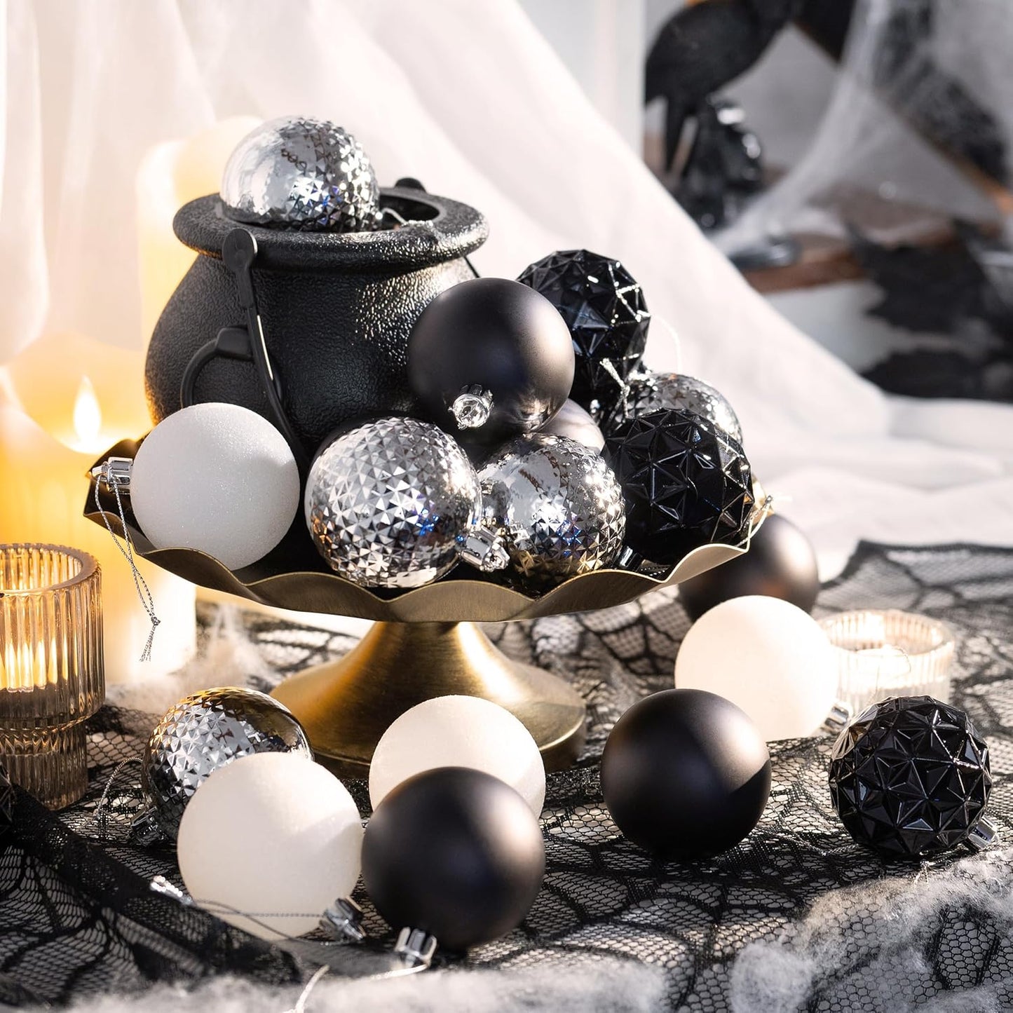 Valery Madelyn Christmas Tree Decorations Ornament Set for Fall Halloween Decor, 50ct Black and White Shatterproof Christmas Ball Ornaments Bulk, 2.36 Inches Hanging Decor for Xmas Holiday Party