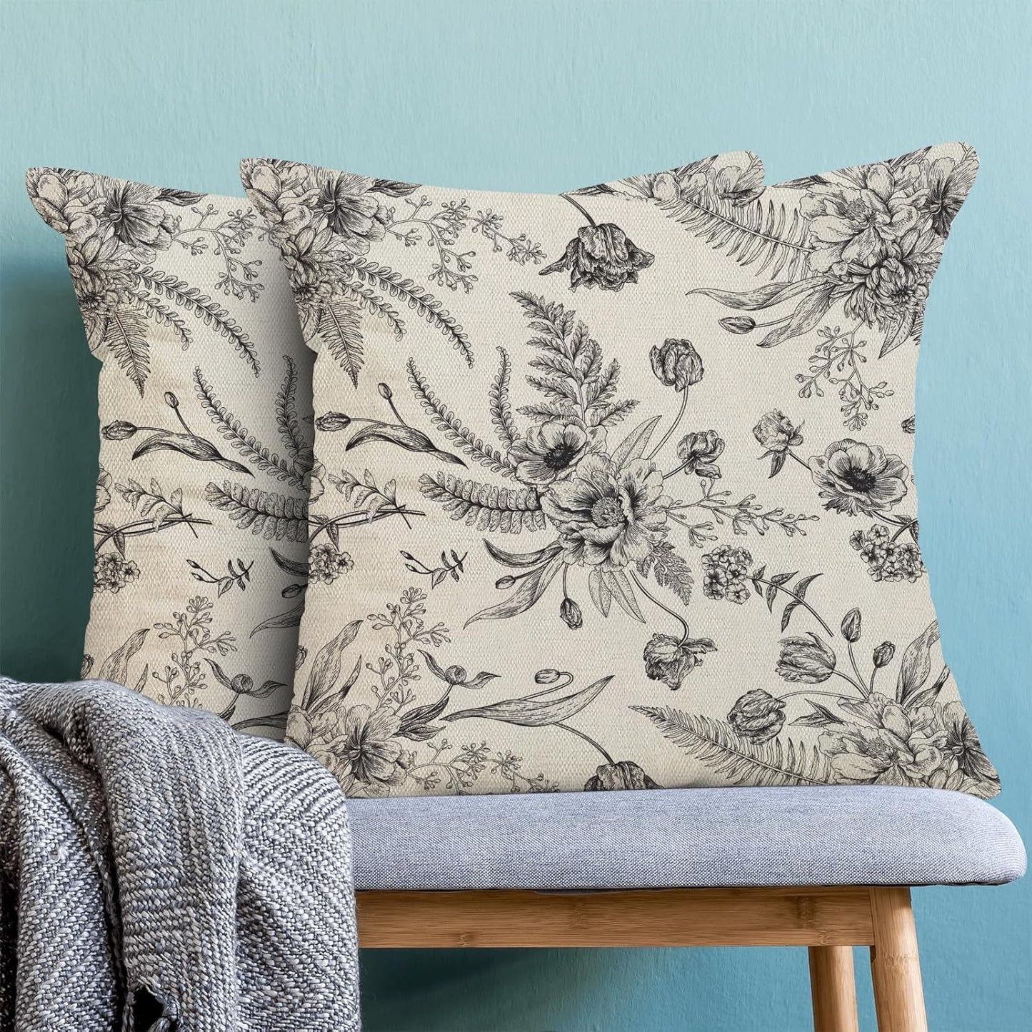 CXMEIFLY Spring Floral Leaves Pillow Covers 20 x 20 Inch Set of 2 for Chinoiserie Flowers Decor Throw Pillows Black and White Seasonal Plant Outdoor Decorative Cushion Cases for Couch Bed Decorations