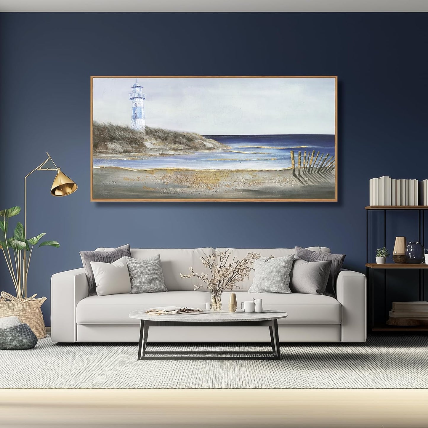 Yuaxker Coastal Wall Art Framed Wall Decor Blue and White Lighthouse Canvas Painting Modern Wall Hanging Artwork for Living Room Bedroom Dining Room Office Home Decor 20x40 Inch