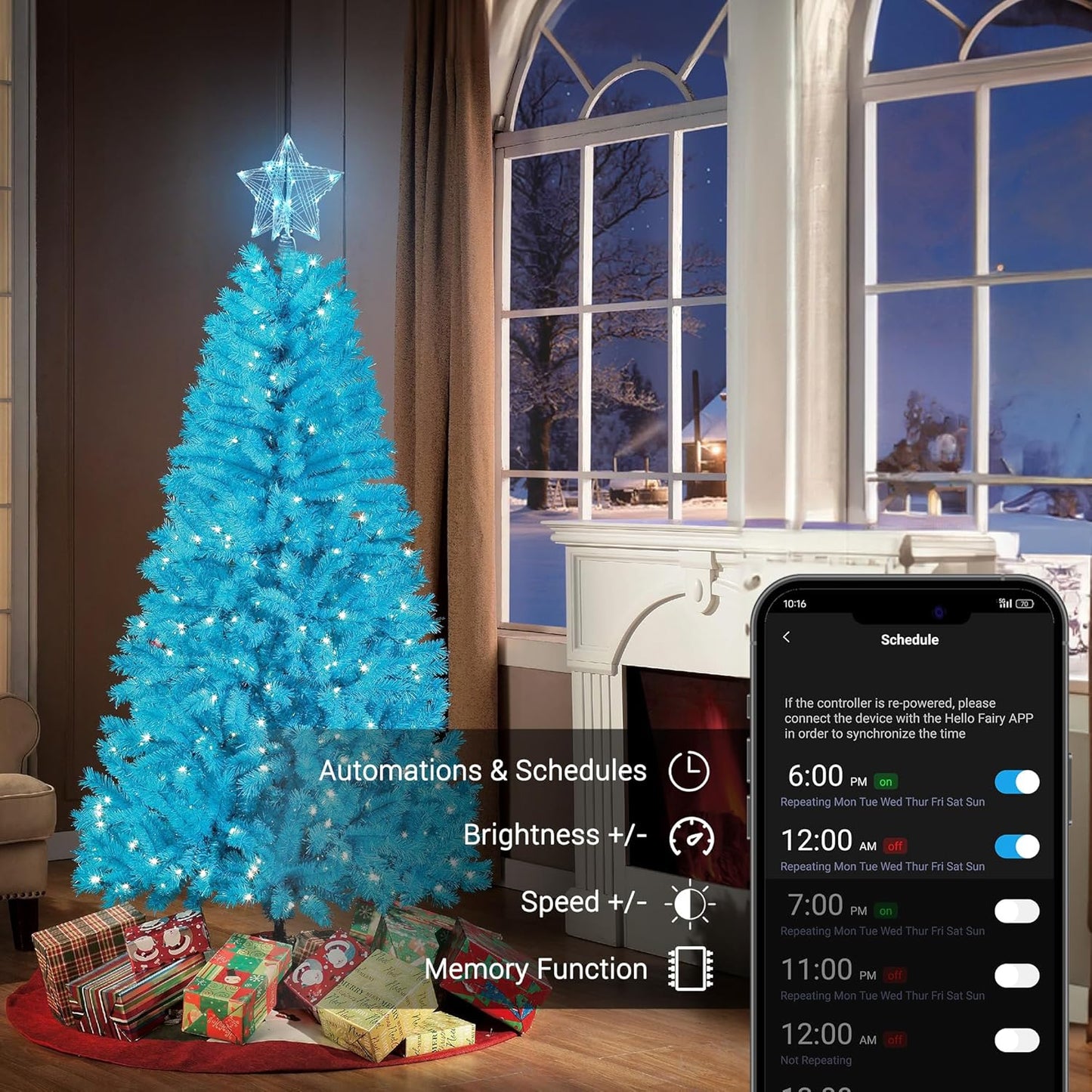 ODEETRONIC Smart Christmas Tree Topper, 8" RGB Star Tree Topper, 20LED 3D Hollow Color Changing Lighted Tree Top, APP & Remote Control Music Sync Gold Glitter Tree Topper for Xmas Indoor Party Holiday